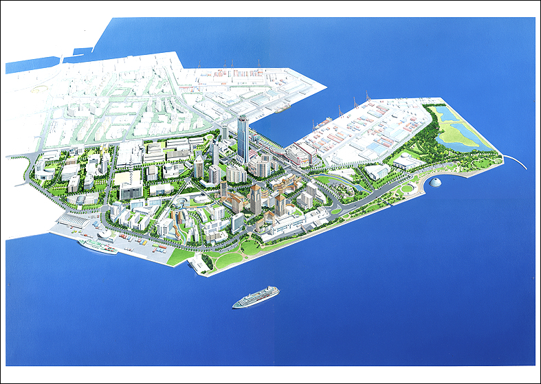 手描き臨海都市パース　waterfront perspective drawing