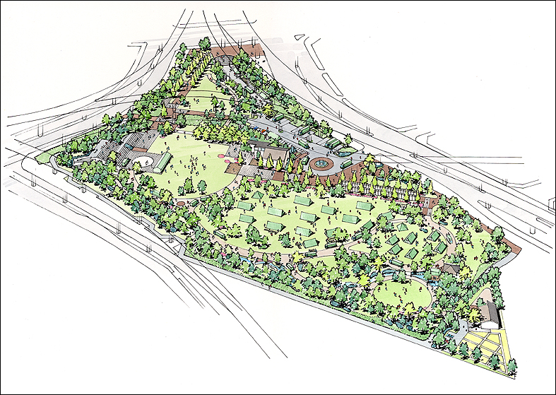 手書き防災公園パース　bird's eye view perspective drawing