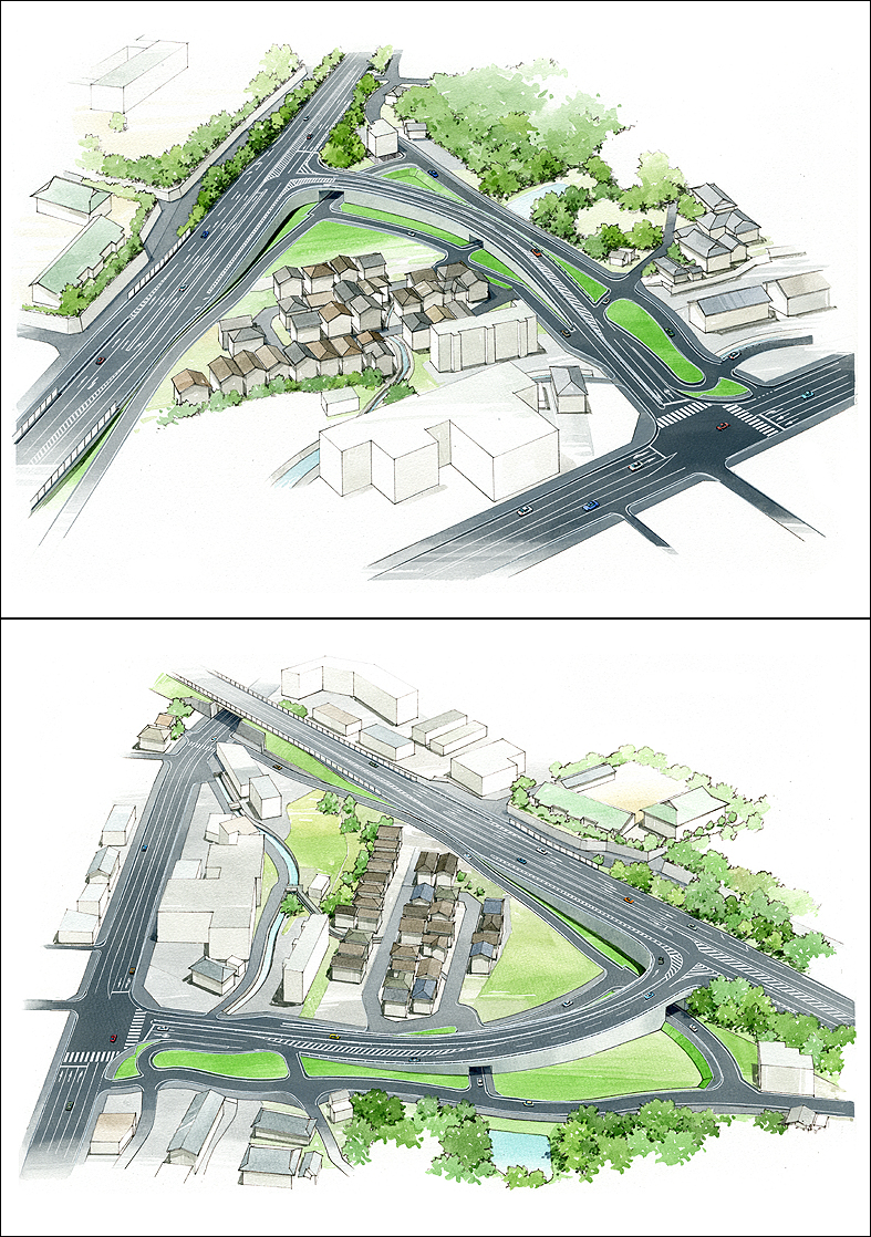 手書き道路計画パース　road perspective drawing