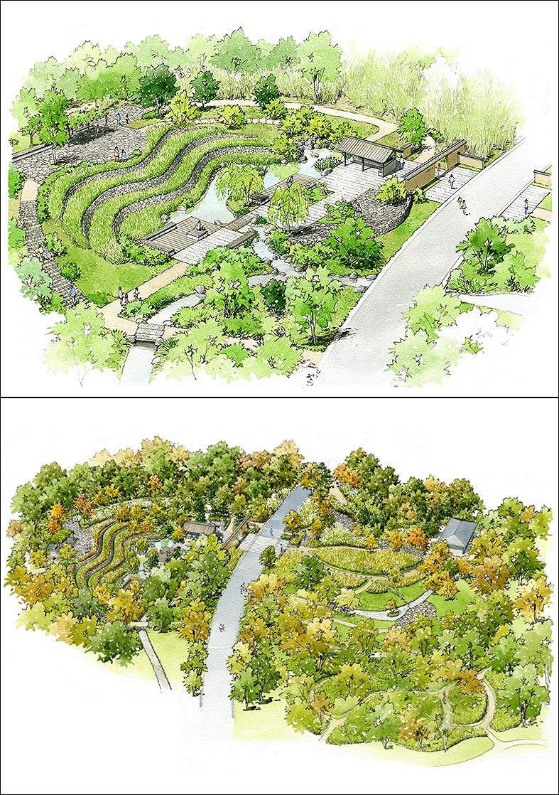 手書き庭園パース bird's eye view park perspective drawing