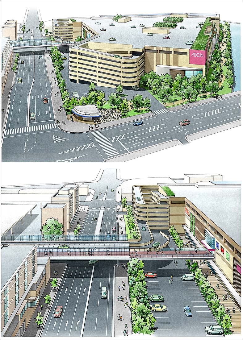 手描き商業施設パース　ショッピングセンターパース　shopping mall image perspective drawing