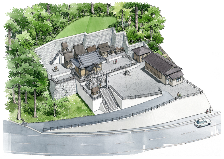 手描き　神社パース　shrine perspective drawing