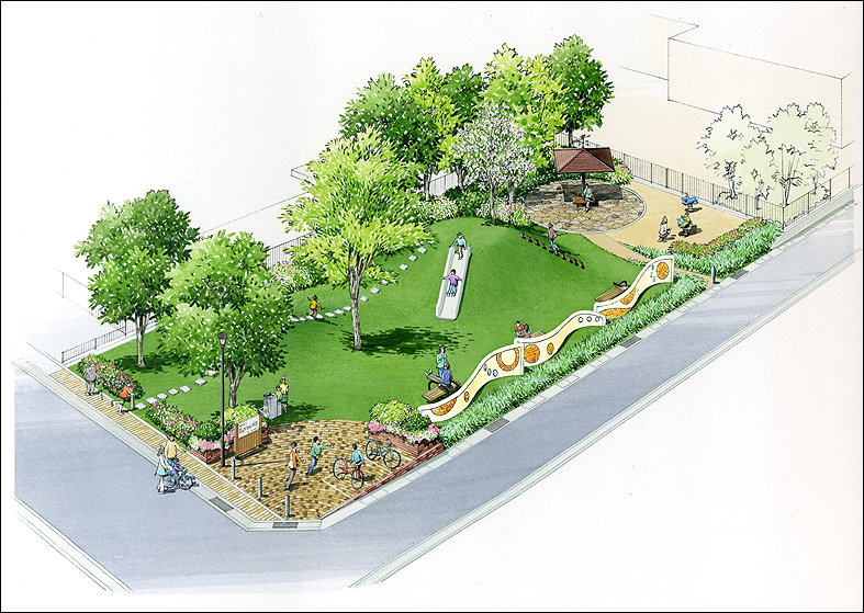 手書き児童公園鳥観図children's park perspective drawing