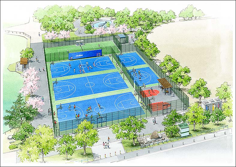手描きバスケットパークパース　basketball park perspective drawing