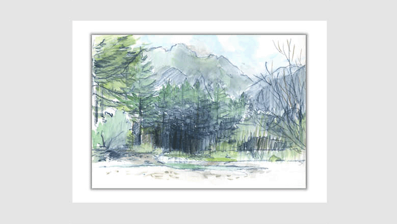 水彩画スケッチ watercolor sketch「梓川から焼岳をのぞむ」