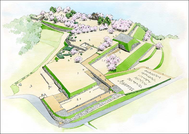 手描き城跡鳥観図　Hara castle ruins bird's-eye view drawing