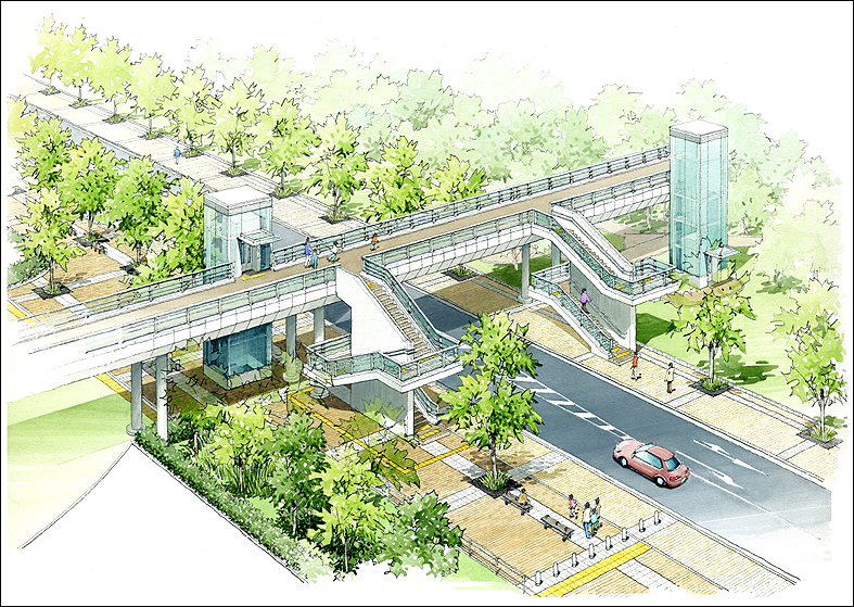 歩道橋パース　Pedestrian Bridge bird's-eye view drawing
