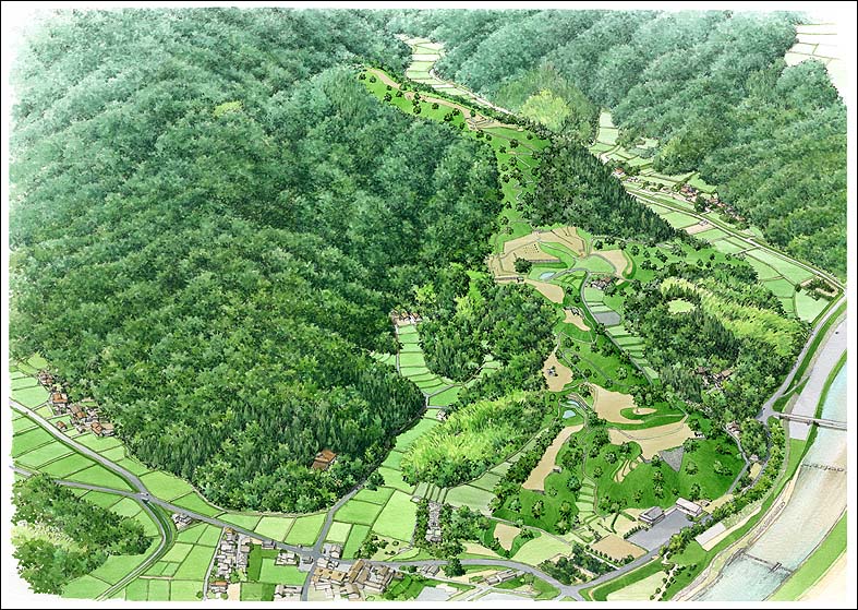 手描き城跡鳥瞰パース　ruin of a castle bird's-eye view drawing