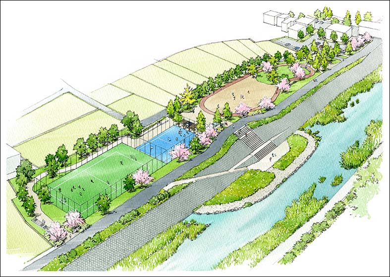 手描き河川公園パース　river side park bird's-eye view drawing