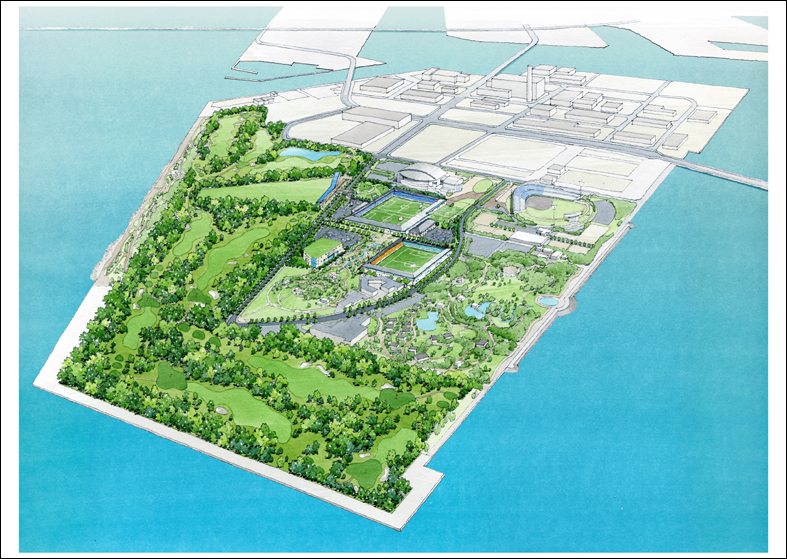 手描き港湾緑地パース　waterfront perspective drawing