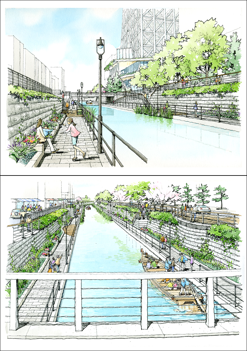 手書き護岸整備パース　canal park image perspective drawing
