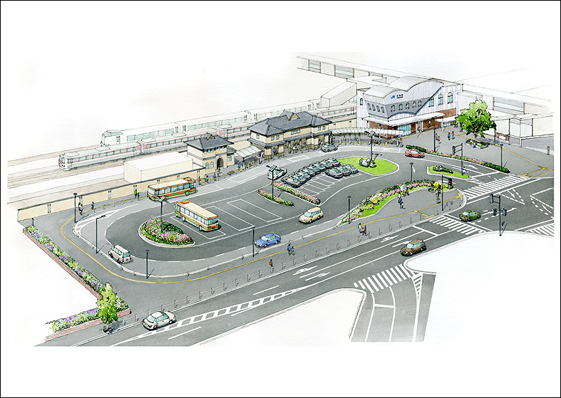 駅前広場パース　station square improvement image perspective drawing