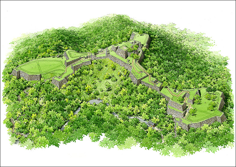 手描き竹田城跡鳥瞰パース　japanese castle bird's-eye view perspective drawing