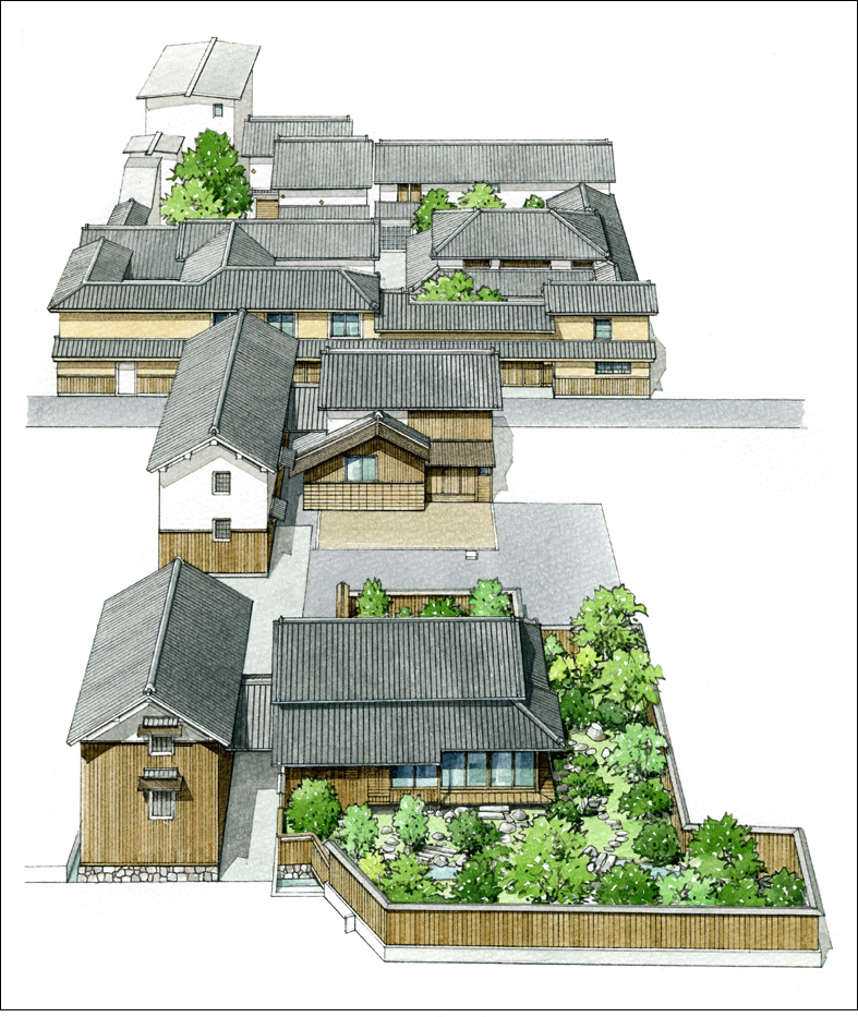 手描き　文化財パース　旧日本住宅パース　historic building perspective drawing