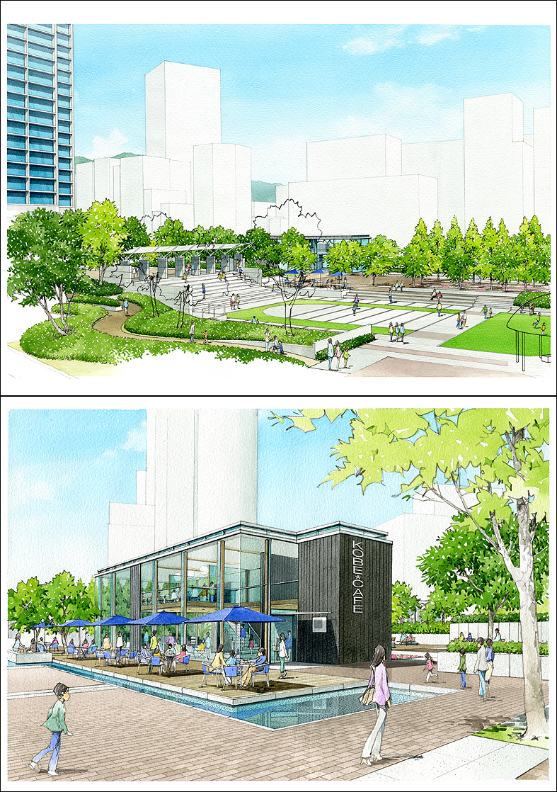 手書き都市公園パース　urban park perspective drawing