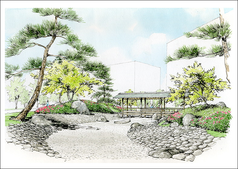 手描き日本庭園水彩着色パース　japanese style garden perspective drawing