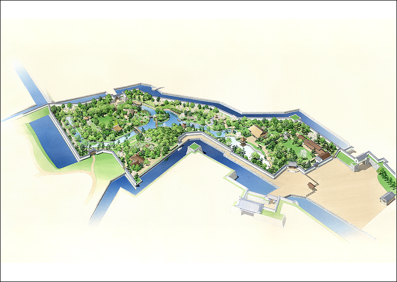 手描き城郭庭園パース　japanese garden bird's-eye view drawing