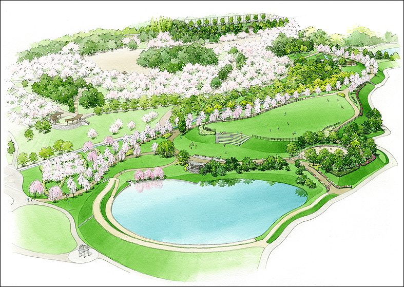 手描き公園鳥瞰パース　park perspective drawing