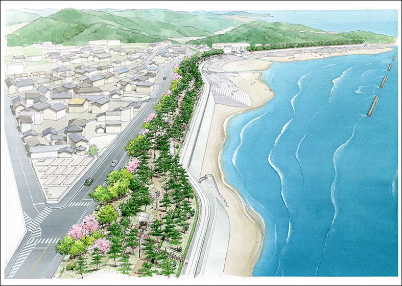 手描き堤防整備パース shore protection project bird's-eye view drawing