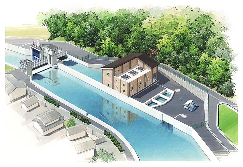 手書き河川水門パース　river facilities perspective drawing