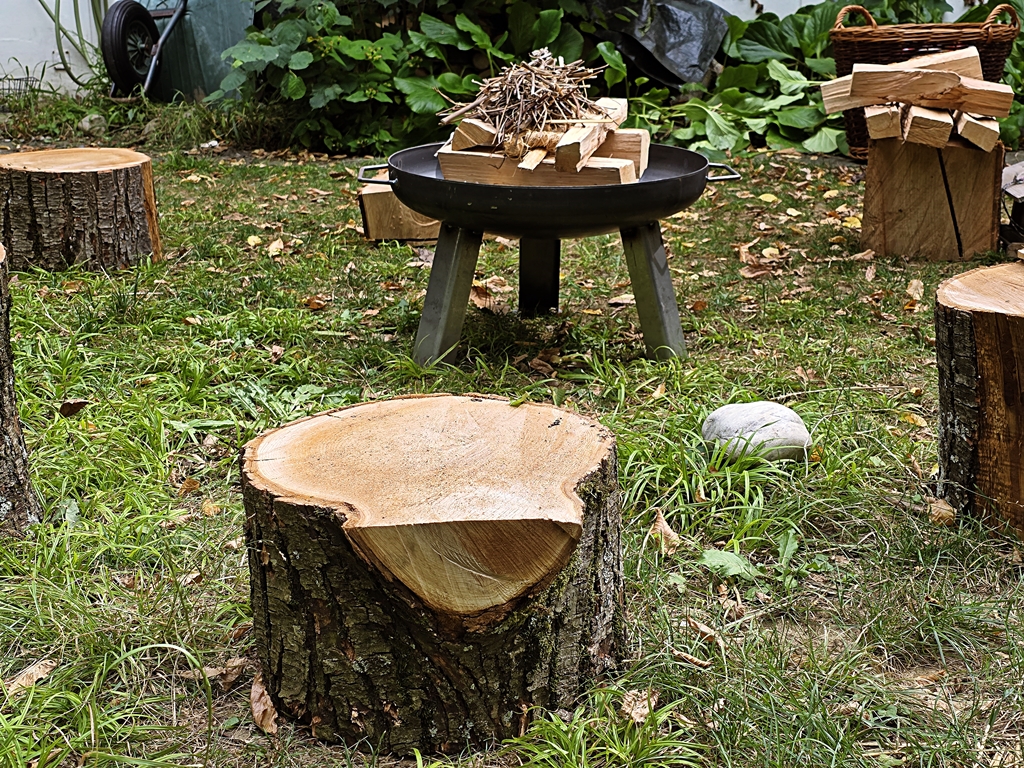 Die Baumpflegerinnen schenkten mir Rugel (Teile des Baumstamms) und Holz für die Feuerstelle - The arborists gave me rugel (pieces of tree trunk) and wood for the fireplace.