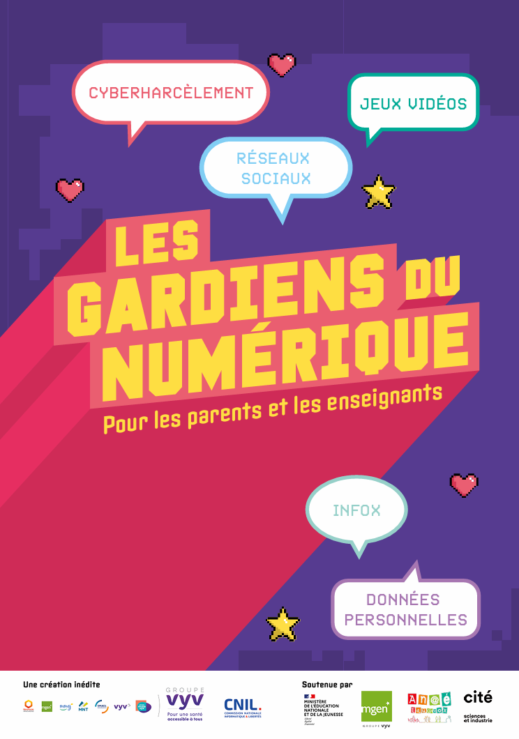 «Gardiens et gardiennes du numérique, tous en mission». «Les gardiens du numérique». PDF gratuit. Réseaux sociaux. Cyberharcèlement. Jeux vidéos. Désinformation. Adolescents. Outils gratuits.