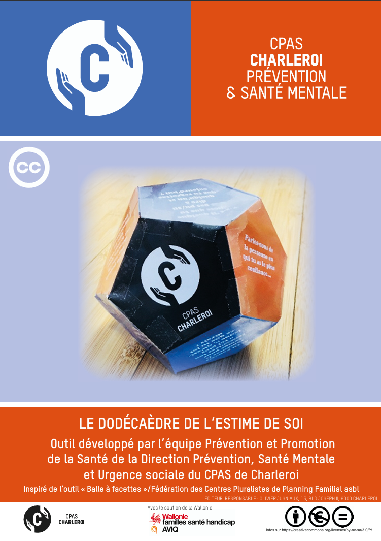 Jeu de dé gratuit CPS. Outil gratuit en PDF. Dodécaèdre de l'estime de soi. Dé à 12 faces. Estime de soi. Connaissance de soi. Adolescents. Adultes. Philosophie pour enfants. Compétences psychosociales. CPS. CPAS Charleroi. PDF gratuit.
