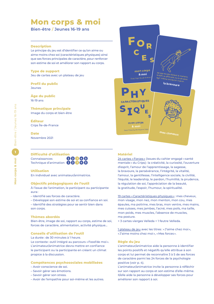 PDF gratuit. Outil gratuit CPS. Compétences psychosociales. Avoir conscience de soi. Savoir gérer ses émotions. Savoir gérer son stress. Avoir de l’empathie. Rapport au corps. jeunes adultes. Mon corps et moi. CRIPS Île de France