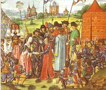 Le mariage d'Henri V et de Catherine de France en 1420 peintre anonyme (Source : http://bit.ly/1K9ueK7 - Sous licence Domaine public via Wikimedia Commons - http://bit.ly/1SoR7Z9)