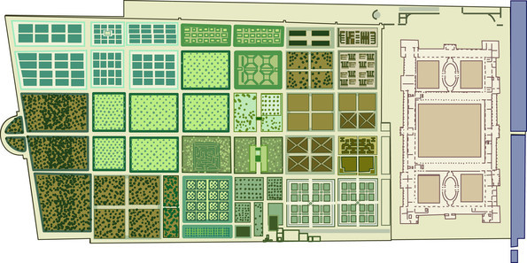 Jardin des Tuileries et palais projeté par Catherine. Dessin de Gilles Brémond d'après une source historique. Plan d'Androuet Du Cerceau