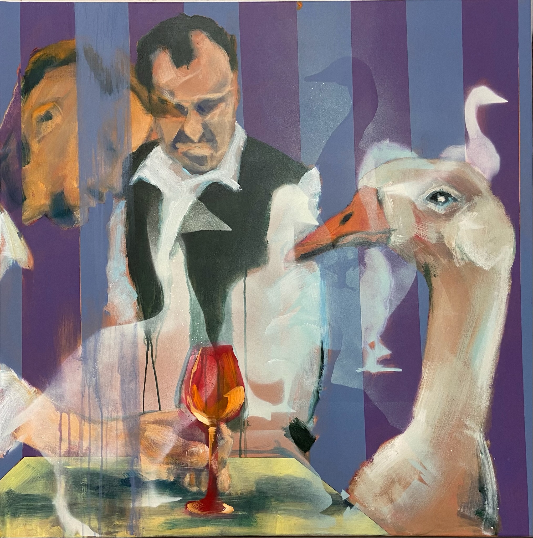 Martins Gans, Acryl und Sprühlack auf Leinwand, 100 x 100, 2024