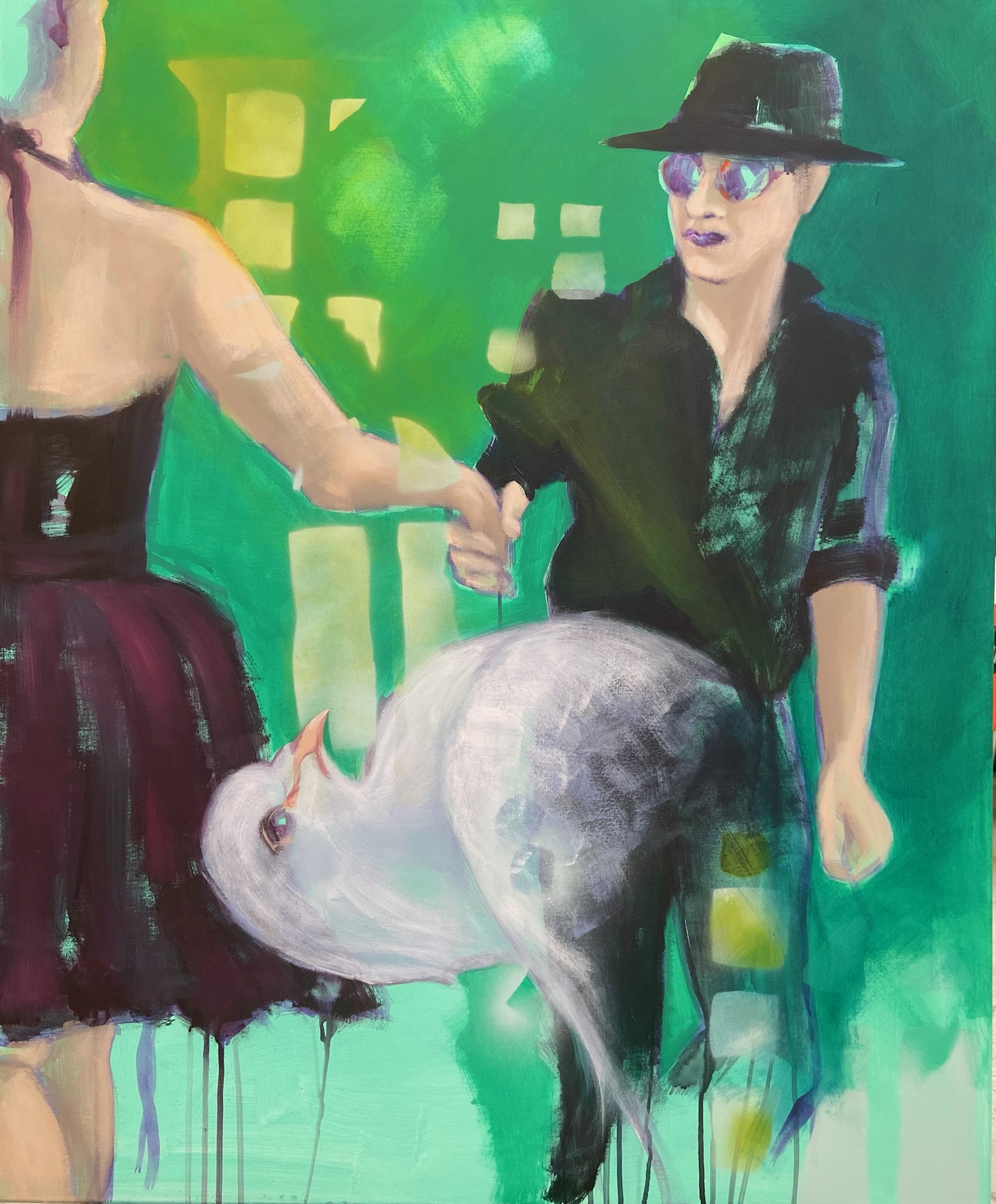 Tanz in den Mai, Acryl und Sprühlack auf Leinwand, 90 x 110, 2025