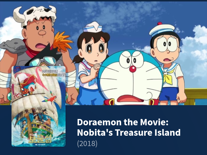 Título:  Doraemon en la misteriosa isla del tesoro Título original: Eiga Doraemon Nobita no Takarajima País: Japón Año: 2018 Duración: 108 minutos Sinopsis: Shizuka, Gigante y Suneo, junto con Doraemon en medio del caluroso verano, se dispusieron a planificar un viaje al Caribe. Nobita se convierte en el capitán y lucha contra el enemigo a bordo. Shizuka es secuestrada en medio de una tormenta. Los Mini Dora ayudan. Finalmente, cuando llegan los aventureros, descubren que la misteriosa isla del tesoro no es una isla nor