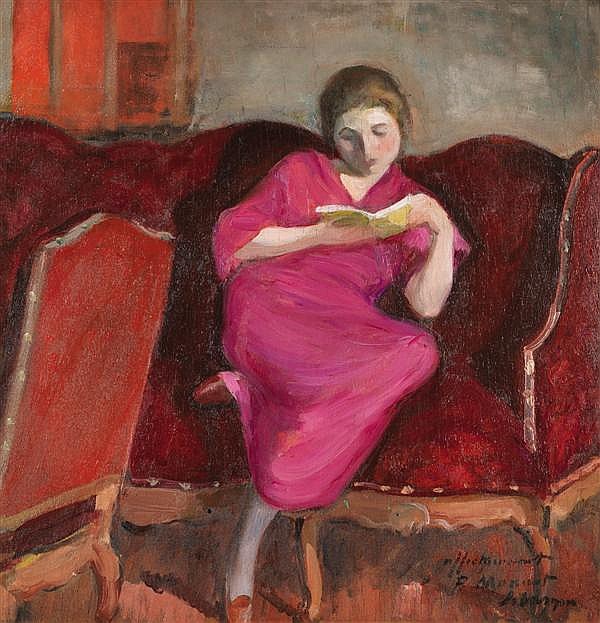 ꧁ Henri Lebasque 🇫🇷, Femme lisant sur un sofa, 1920 ꧂