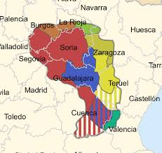 Mapa retratando os prováveis territórios originais das tribos celtiberos. Em vermelho, os árevacos; em laranja, os pelendones; em azul, os lusos; em verde claro, os belones; em verde, os lobetanos, em amarelos os tittos e em amarelo mostarda, os belos.