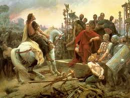 Pintura retratando a rendição de Vercingetórix à Júlio César. Vercingetórix fora um líder averno que trouxe vários problemas para os romanos por cerca de dois anos. Com a sua rendição em 52 a.C, os romanos conquistaram a Gália. 
