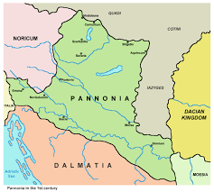 A região da antiga Panônia antes de ser conquistada pelos romanos. Em volta pode-se ver Estados vizinhos como Noricum, a Dalmácia, a Moesia e o Reino da Dácia. 