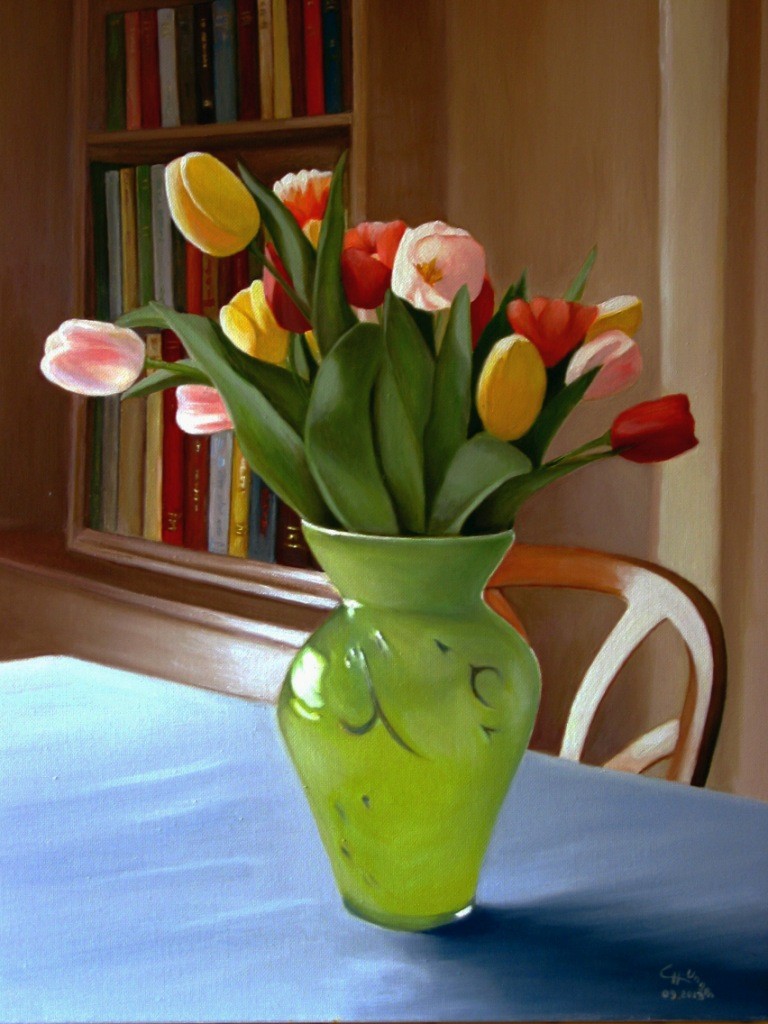 "Tulipes dans un vase vert"