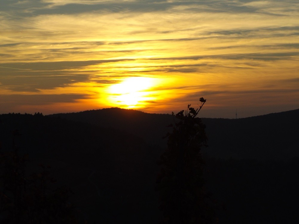 rechts vom Sonnenuntergang ist der Stuttgarter Fernsehturm zu sehen