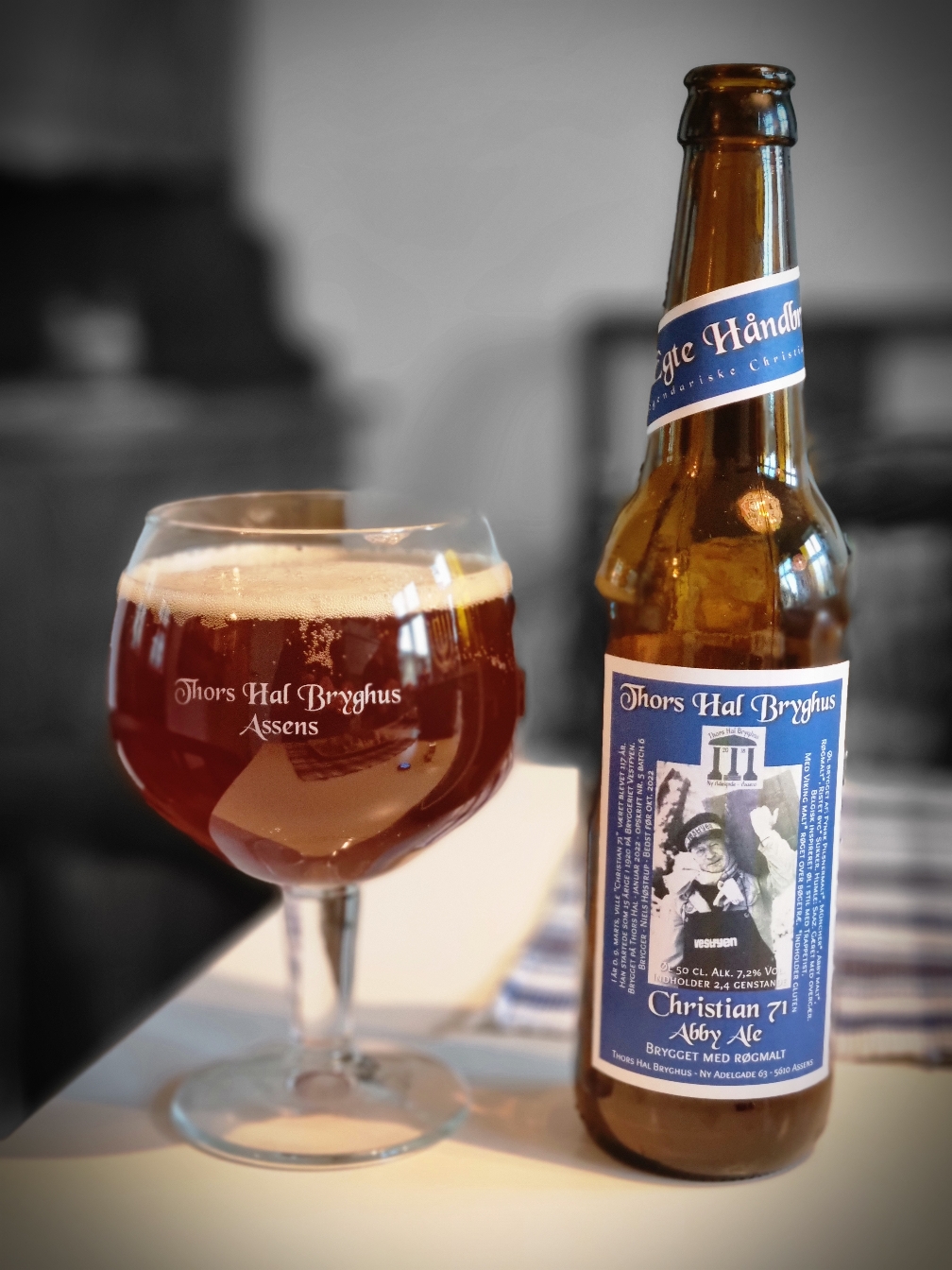 Øl nr. 5. Christian 71 - Abby Ale - 7,8% - en kraftig og stærk øl brygget med skotsk malt røget over skotsk tørvmos . Belgisk Ale i Trappetist stil. En hyldest til Legendariske Christian 71 som startede på Bryggeriet Vestfyen i 1920 som 15 årige. Ved Bryggeriets 100 års jubilæum i 1985 var han stadig på lønningslisten.
