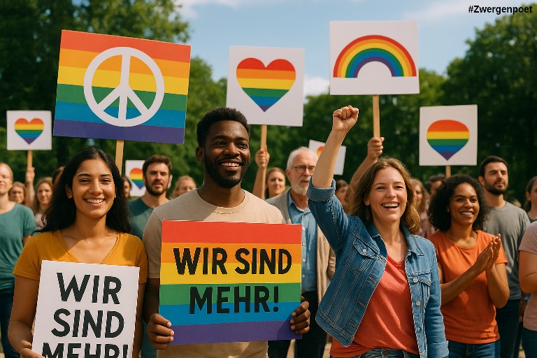 Eine friedliche Demonstration. Unterschiedlichste Menschen halten Plakate und Banner mit Regenbogen- und Friedenssymbolik empor. Erstellt mit ChatGPT.