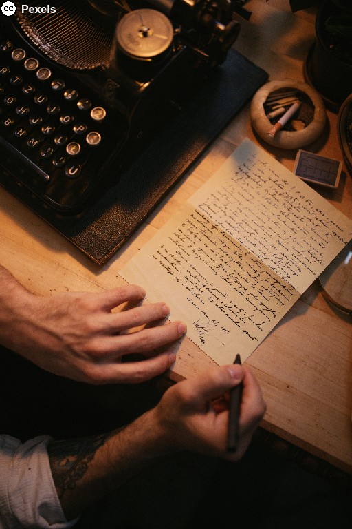 Ein Mann beschreibt ein Blatt Papier, links oberhalb steht eine altmodische Schreibmaschine auf dem Tisch. Foto von KoolShooters auf Pexels