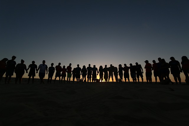 Eine Gruppe von Menschen hält sich im Sonnenuntergang die Hände. Bild von Nino Souza auf Pixabay.