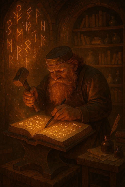 Ein gelehrter Zwerg bearbeitet mit Hammer und Meißel ein Buch. Erstellt mit ChatGPT.
