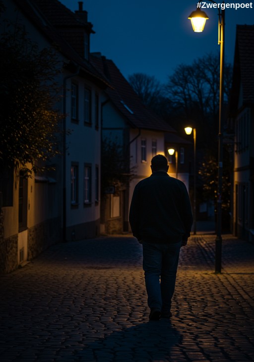 Ein etwas dicklicher Mann geht in der Abenddämmerung allein eine gepflasterte Dorfstraße entlang. Erstellt mit Craiyon.