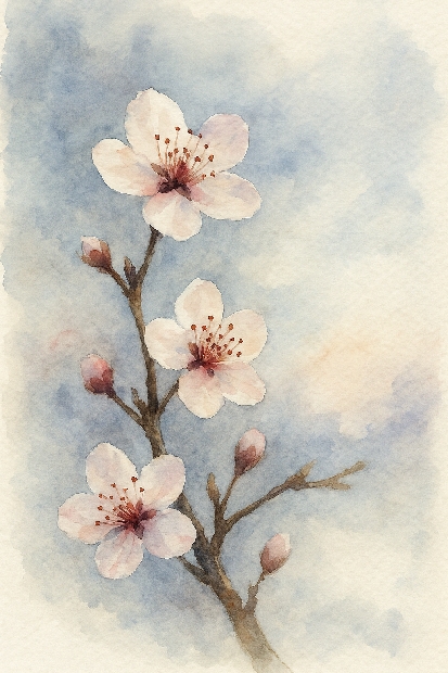 Aquarell des blühenden Zweiges eines Pflaumenbaums. Erstellt mit ChatGPT.