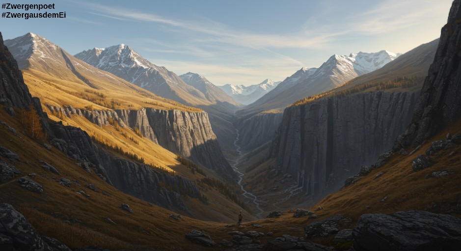 Bergpanorama im Spätherbst. Auf den Gipfeln liegt bereits Schnee, ein Flüsschen schlängelt sich durch das Tal. Erstellt mit Craiyon. Bearbeitet mit Microsoft Designer.