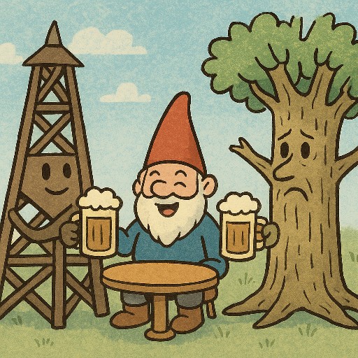 Im Stil eines Bildes aus einem Kinderbuch heben Bohrturm, Zwerg und Baum ihre Biergläser. Erstellt mit ChatGPT.