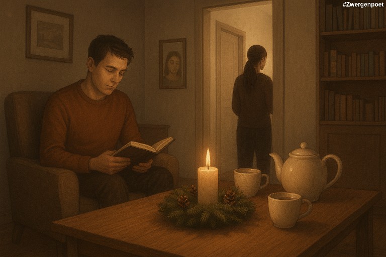 Wohnzimmerszene im Advent. Ein Mann sitzt mit einem Buch im Sessel. Auf dem Tisch eine Teekanne und eine weihnachtlich dekorierte Kerze. Erstellt mit ChatGPT.
