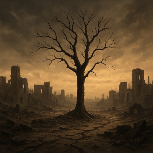 Ein starker doch kahler Baum behauptet sich in einer postapokalyptischen Welt. Ruinen im Hintergrund. Erstellt mit ChatGPT.